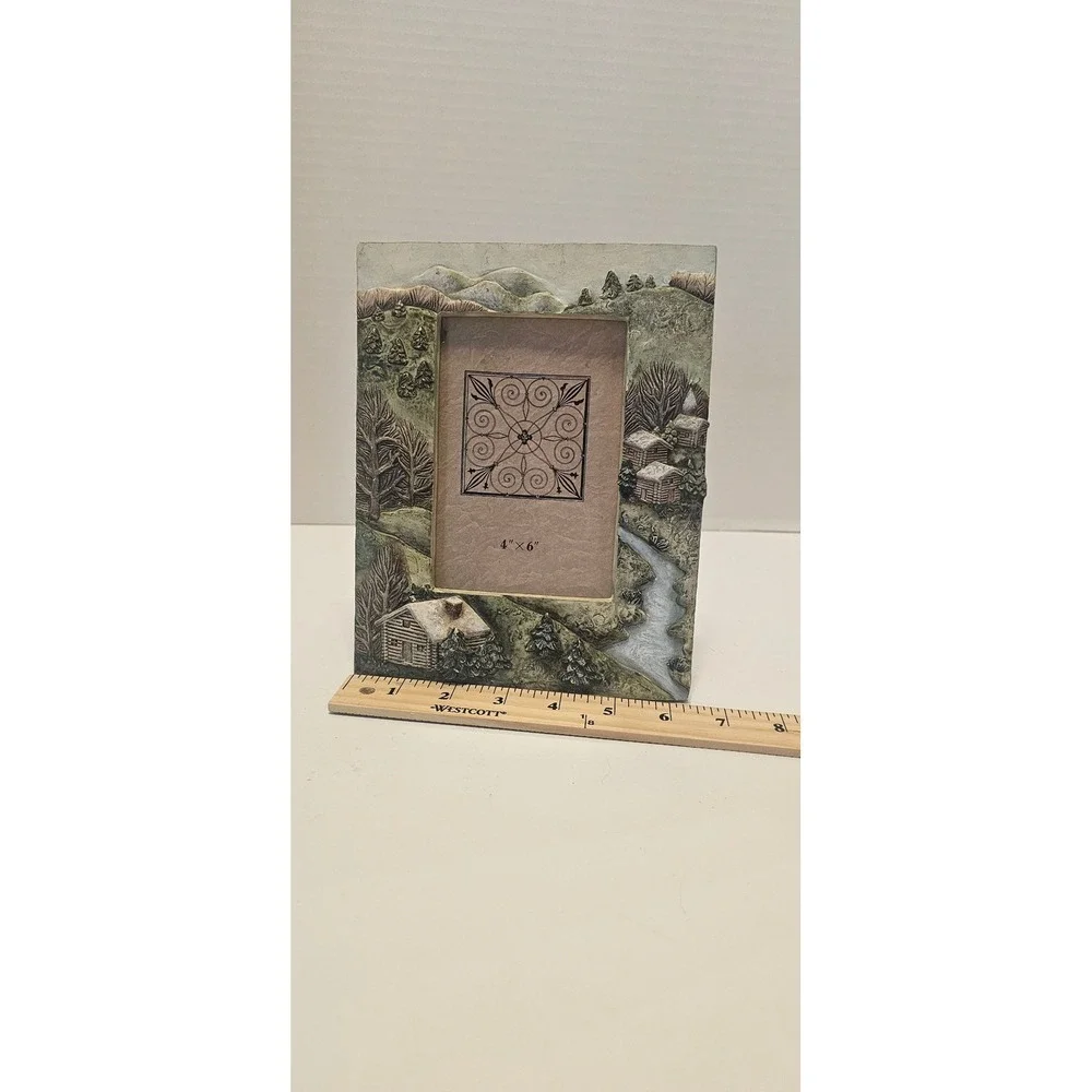 Vintage Itart's Mountain Snow Cabin River 3D Polyresin Stone Picture Frame 4x6